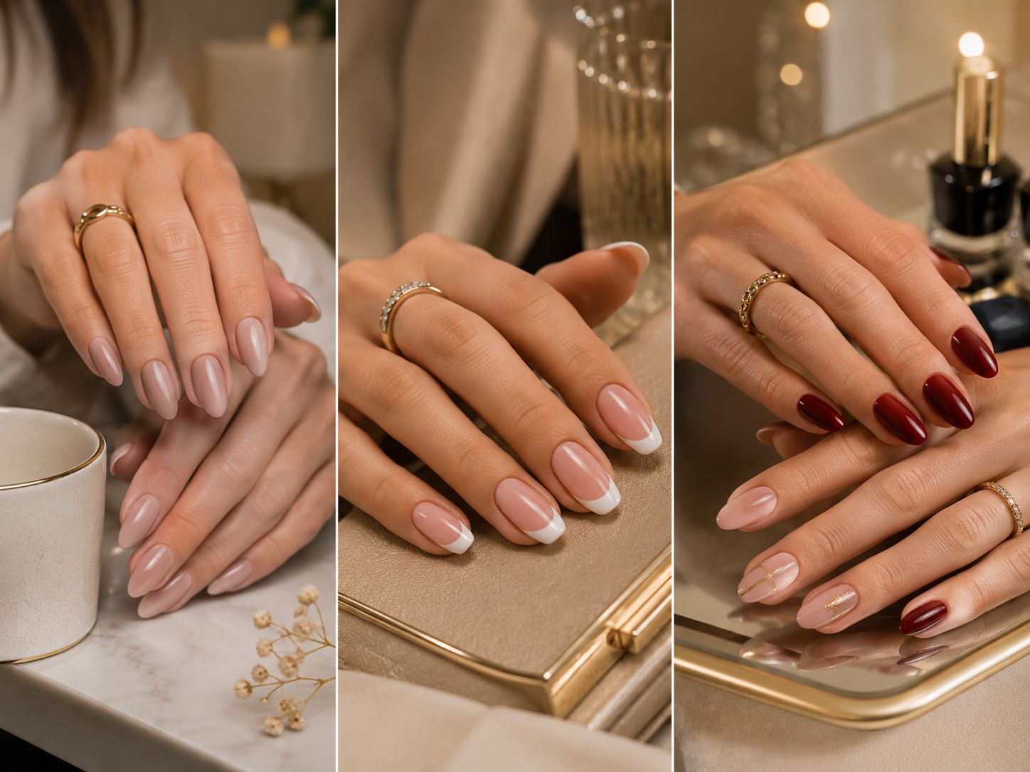 Composição editorial com diferentes estilos de unhas elegantes em salão premium na Savassi