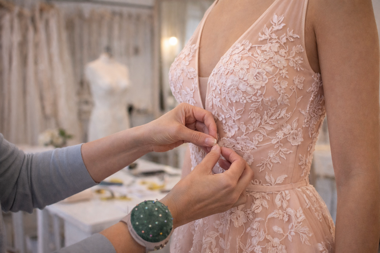 Detalhe de acabamento específico feito em um vestido de festa