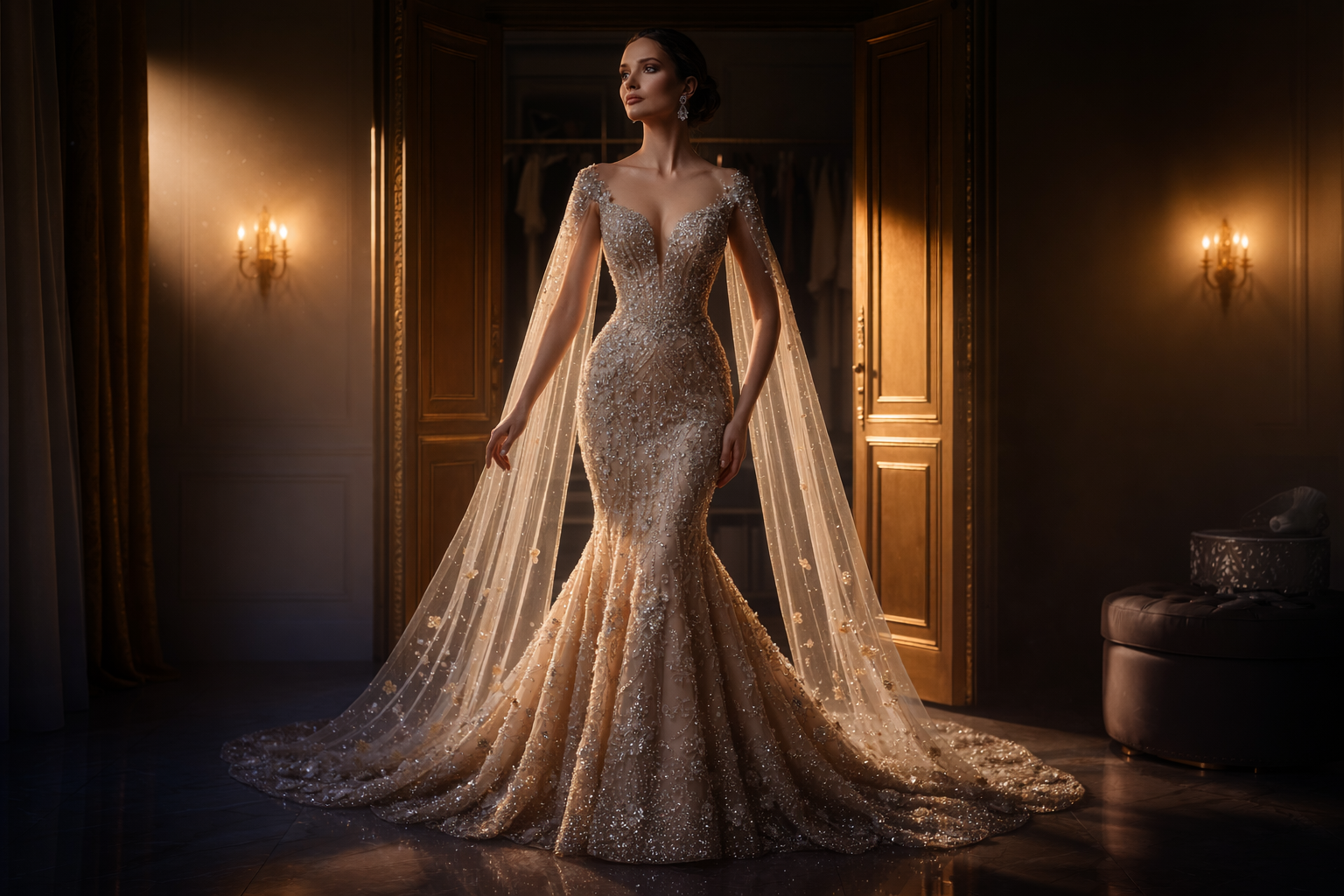 Vestido de festa em alta costura com acabamento refinado e construção sob medida