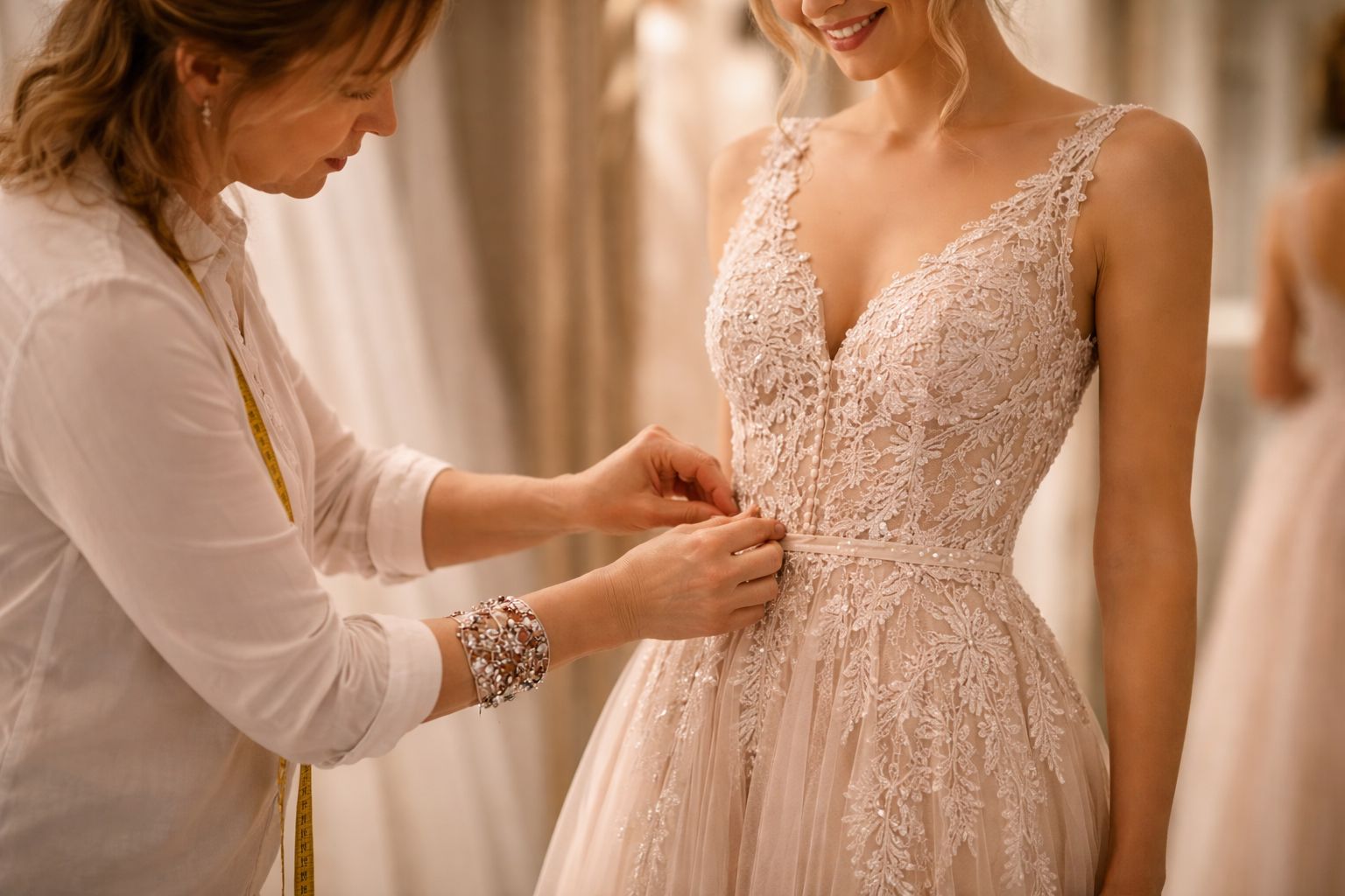 Prova e ajuste de vestido de festa sob medida no ateliê Magnifique Estilo