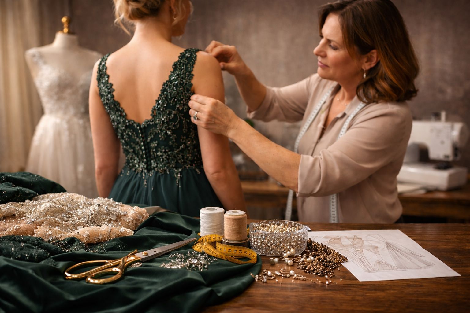 Detalhes de acabamento em vestido de festa em Belo Horizonte