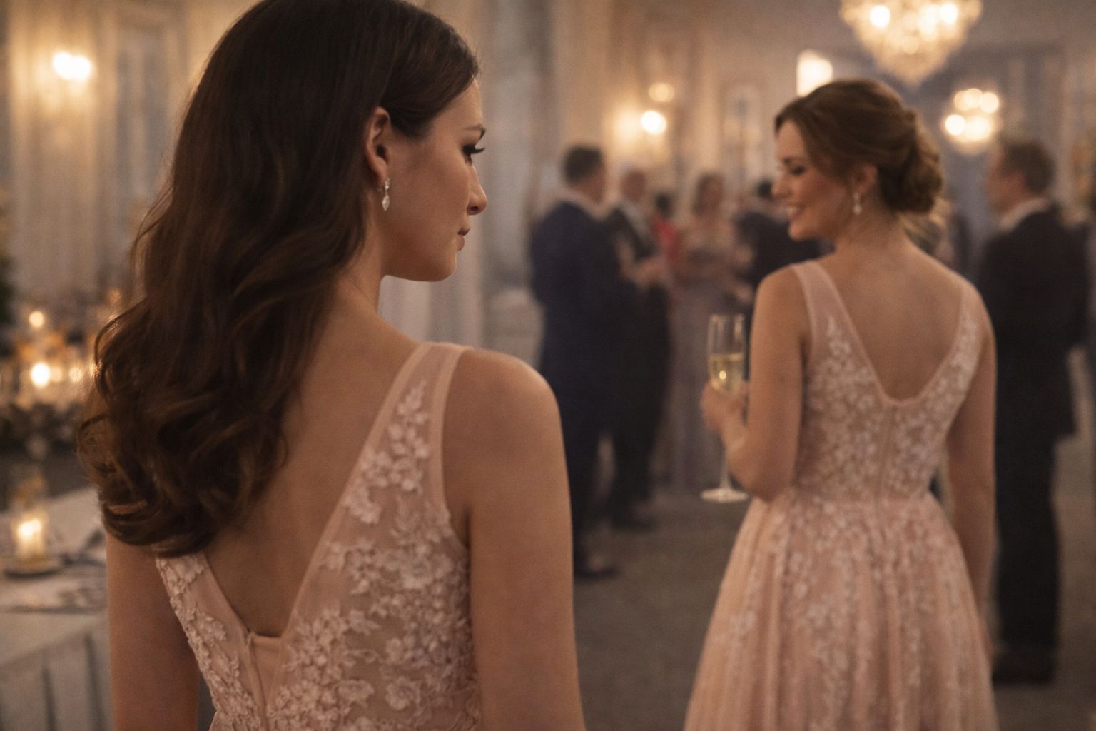 Duas mulheres em um evento de gala usando vestidos de festa semelhantes, destacando a importância da exclusividade no sob medida