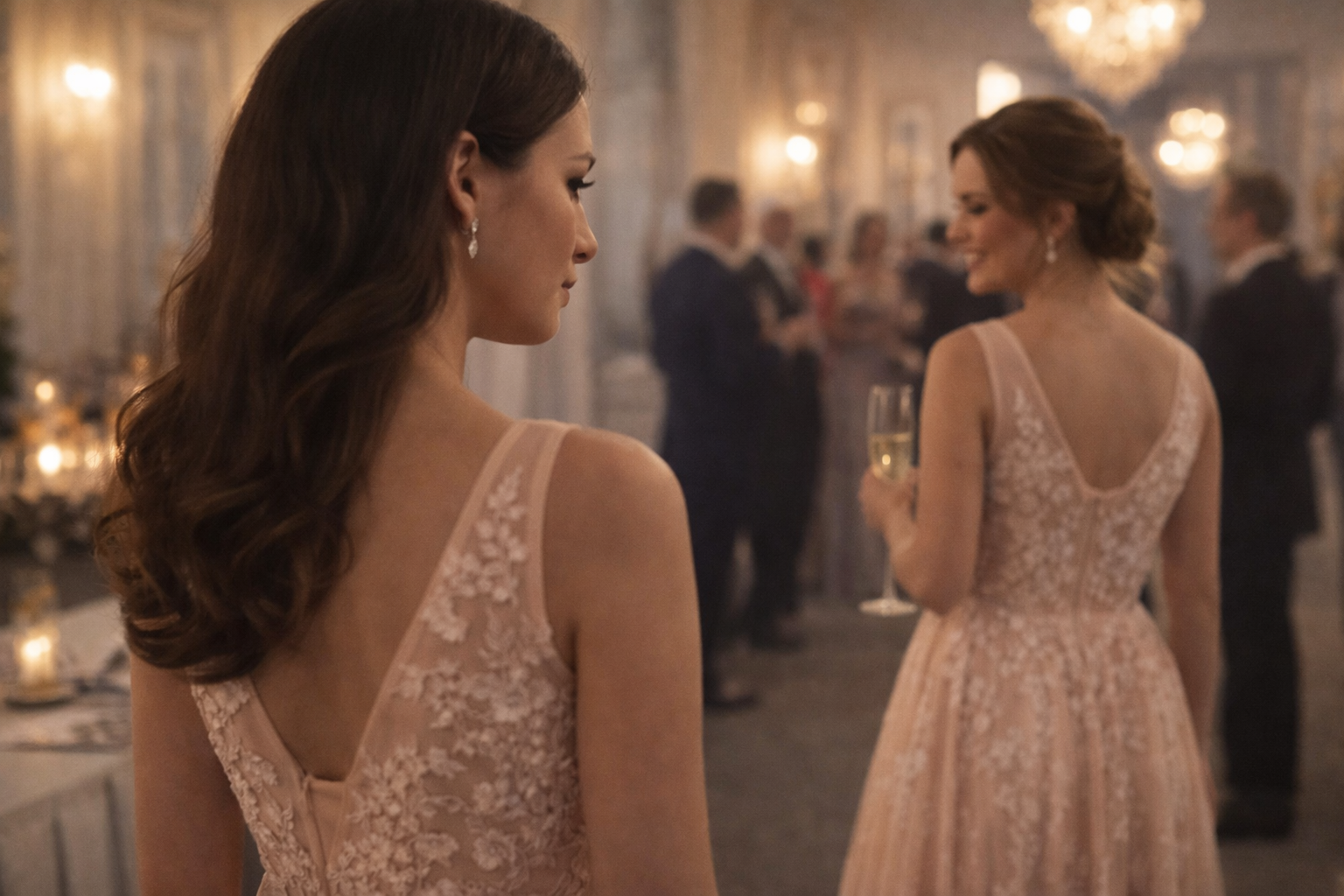 Duas mulheres em um evento de gala usando vestidos de festa semelhantes, destacando a importância da exclusividade no sob medida